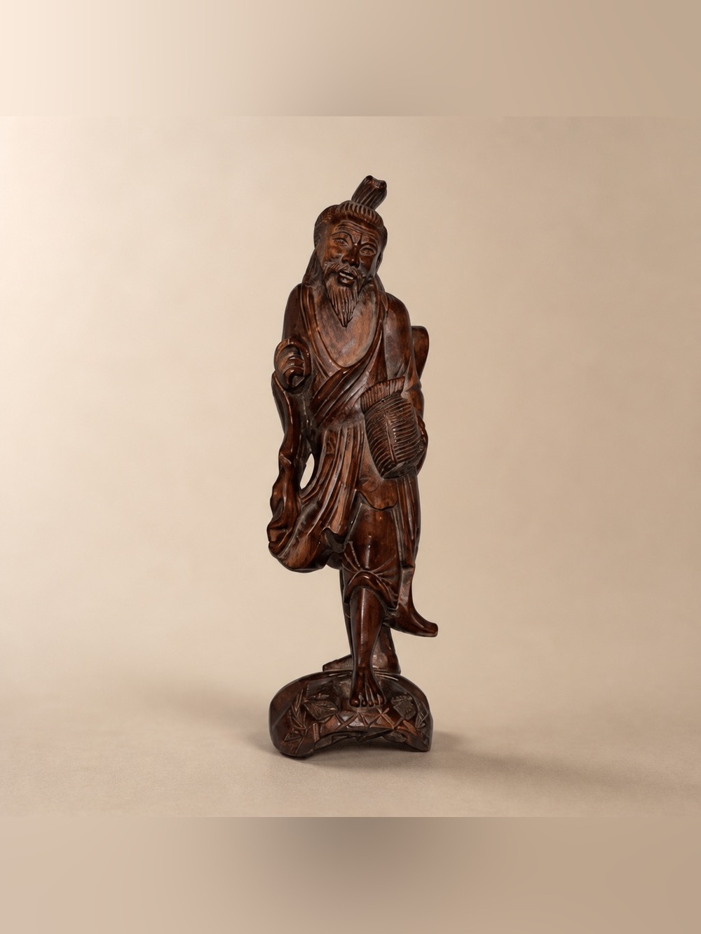 Vintage Chinese Wooden Handcarved Fisherman Figurine Statue No Pole
